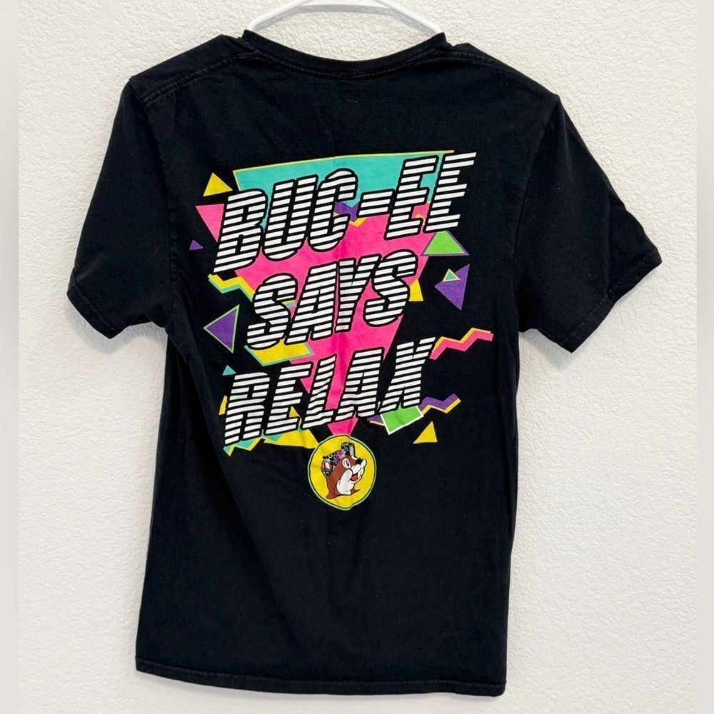 Buc-ee's 'Buc-ee Says Relax' Graphic T-Shirt Black Neon 80s Retro Cotton Small - Picture 2 of 3